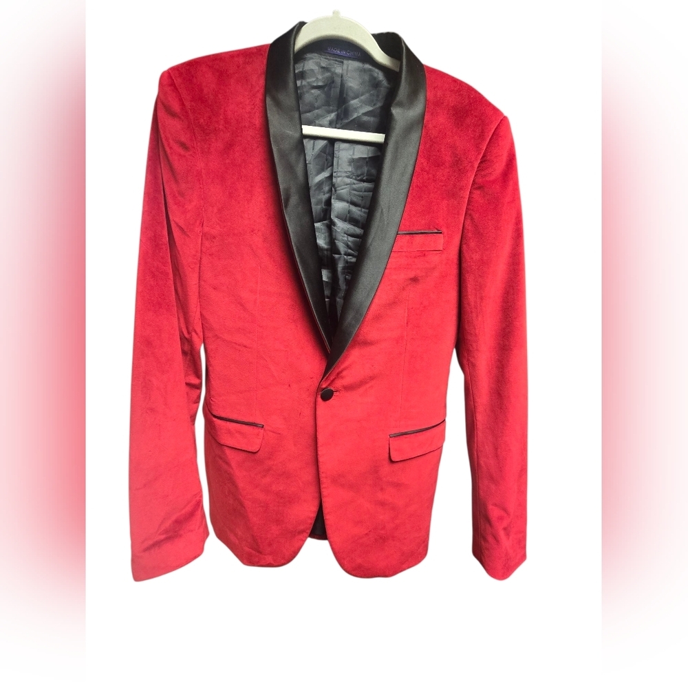 Retro Paris Men's Red Velvet Blazer with Black Lapel Sz. 40L/34